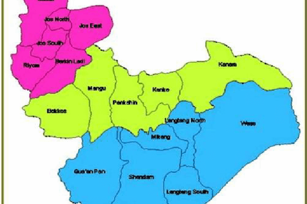 Map of Plateau State showing the 3 major political divisions Neonpink is Northern