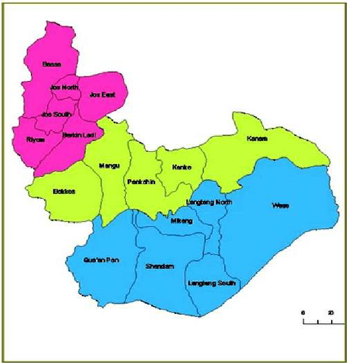 Map of Plateau State showing the 3 major political divisions Neonpink is Northern